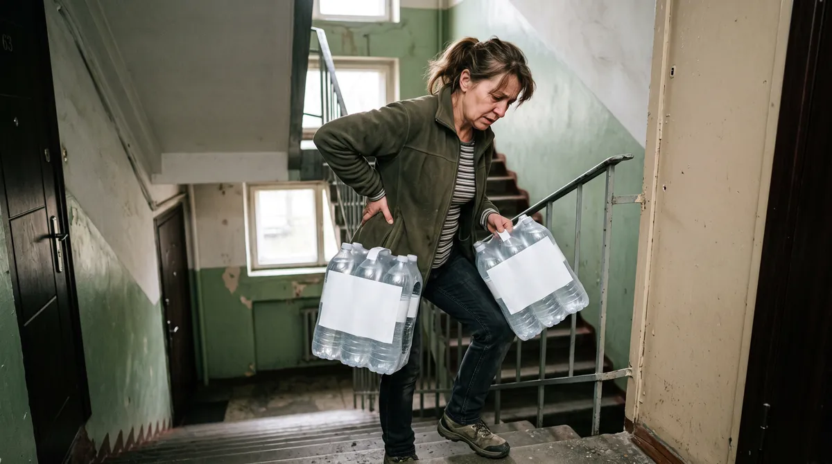 Donna che porta a fatica le casse d'acqua su per le scale
