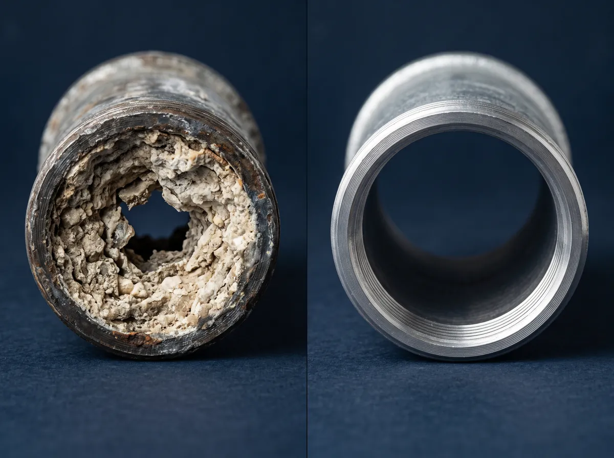 Tubo ostruito dal calcare a confronto con un tubo pulito